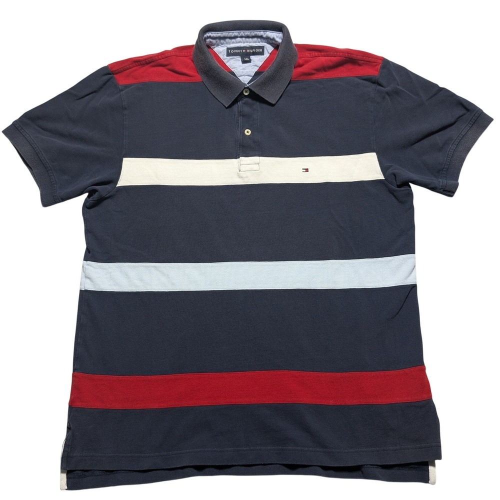 Y2K Tommy Hilfiger Mens Large Striped Pique Polo Shirt Navy Red White FADE